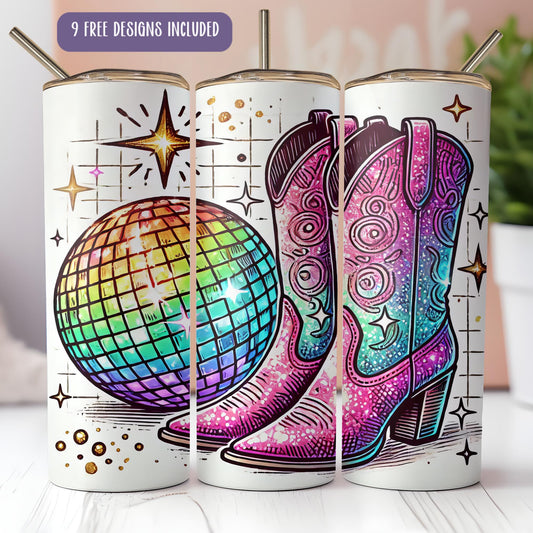 a pair of cowboy boots and a disco ball on a white coffee mug
