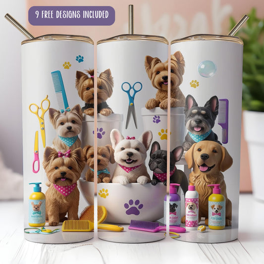 a group of dogs sitting in a bath tub
