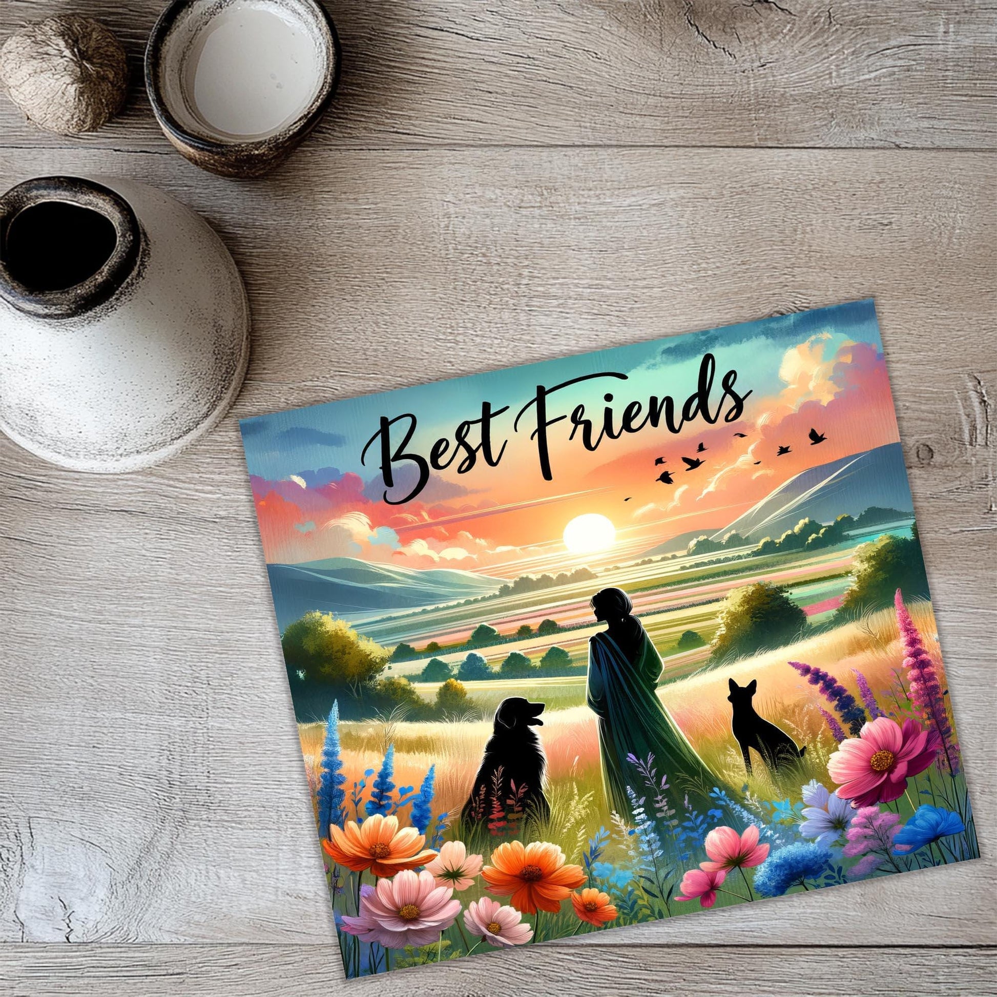 a card with a picture of two people and a dog