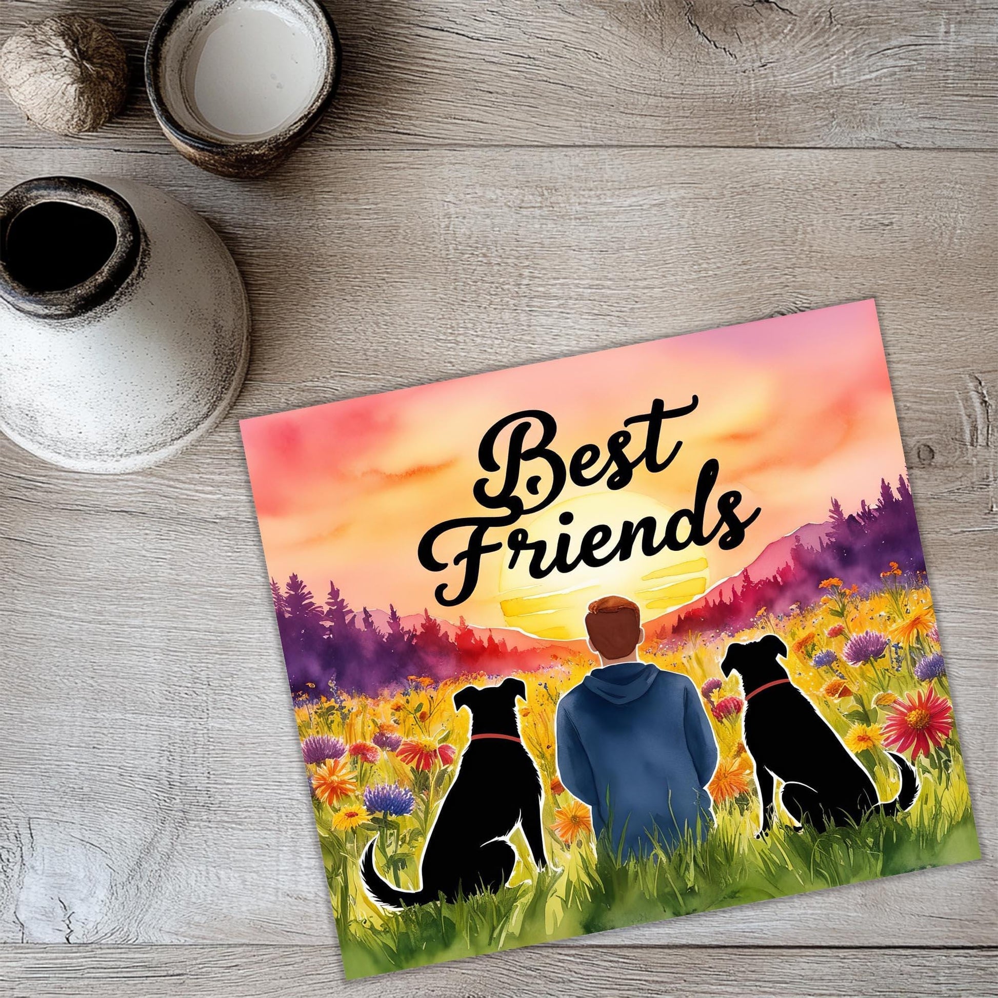 a picture of a man and two dogs sitting in a field of flowers