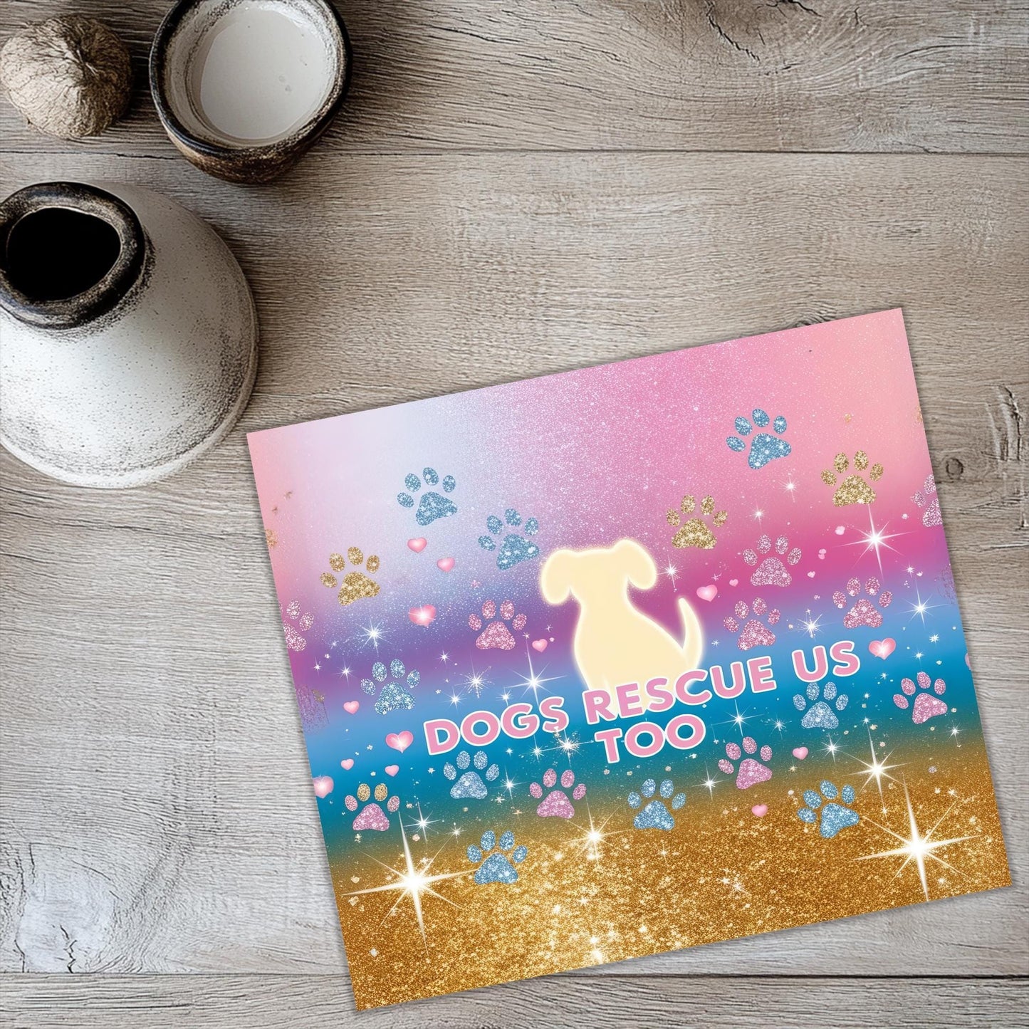 a card with a dog's rescue us too design