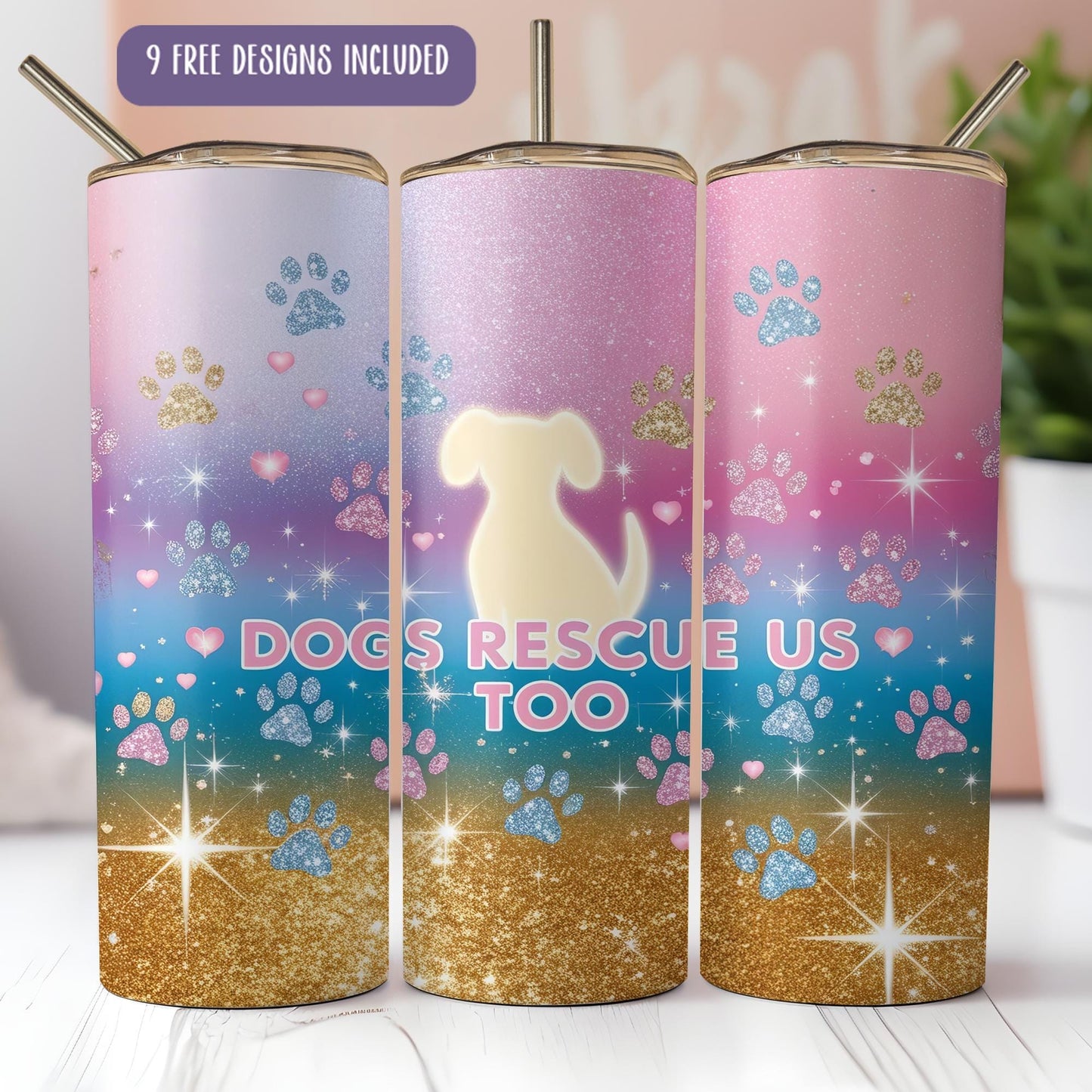 a pair of pink and blue tumbles with a dog's rescue us too