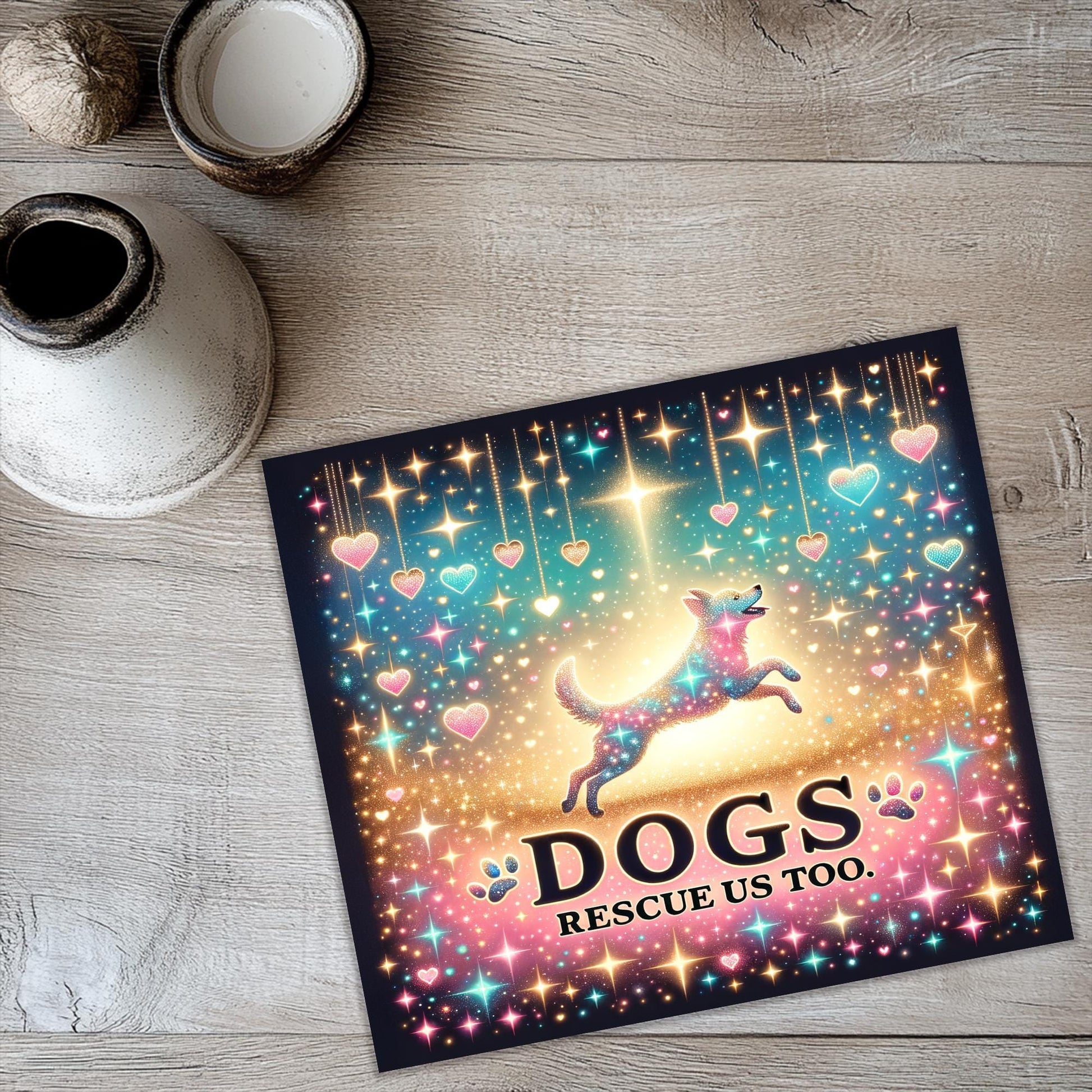 a dog's rescue us too book sitting on a table
