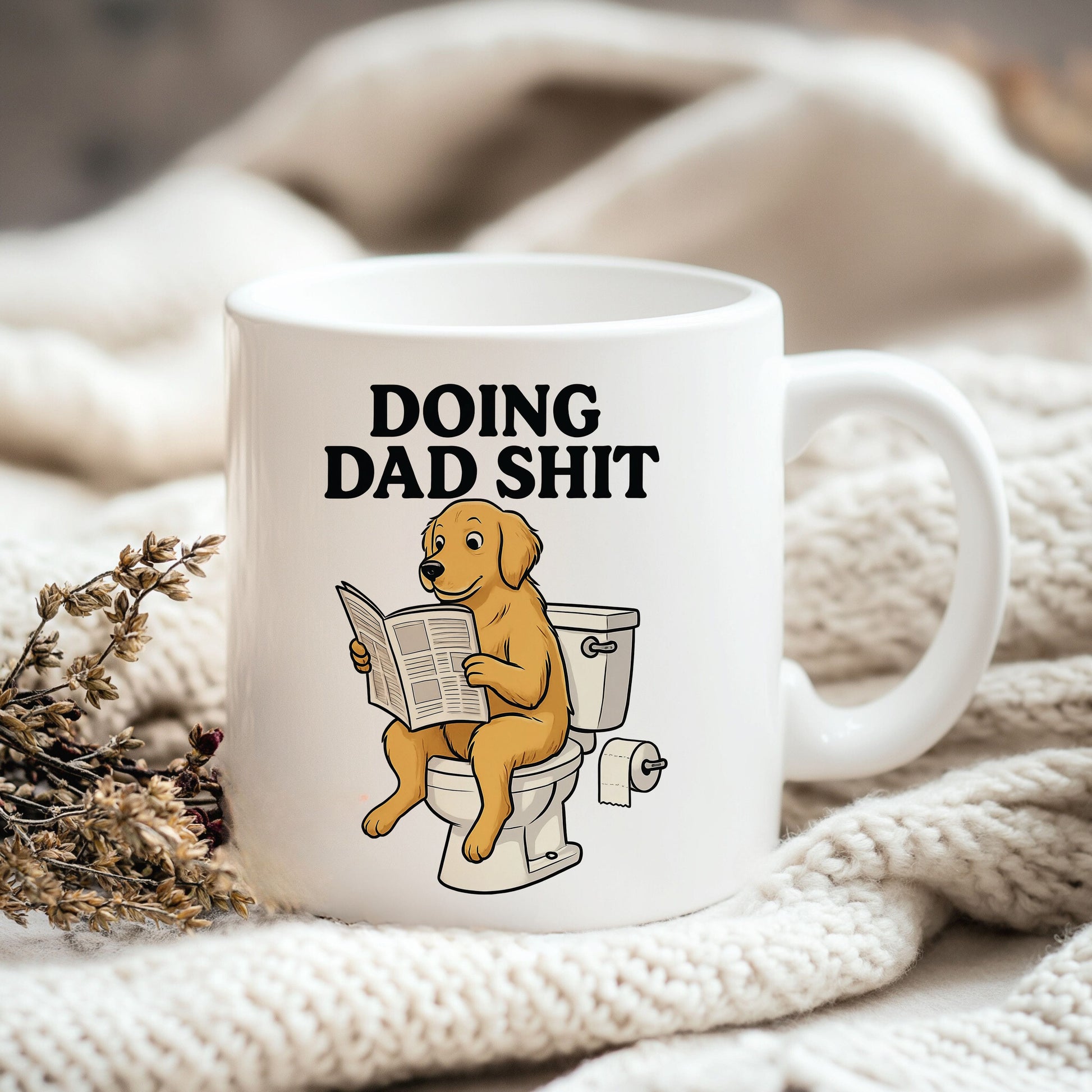 a coffee mug with a dog sitting on a toilet reading a newspaper