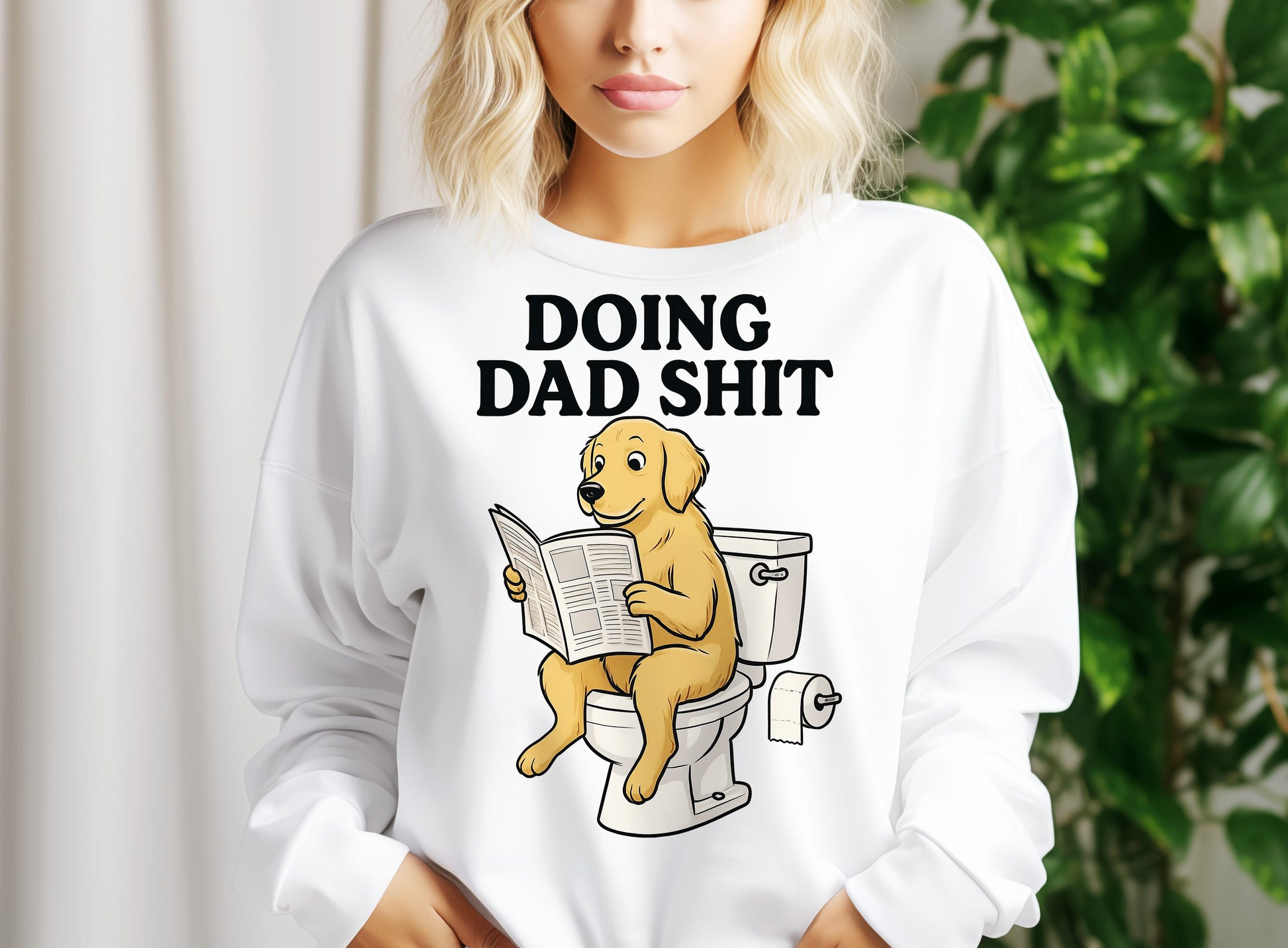 a woman wearing a white shirt that says doing dad shit