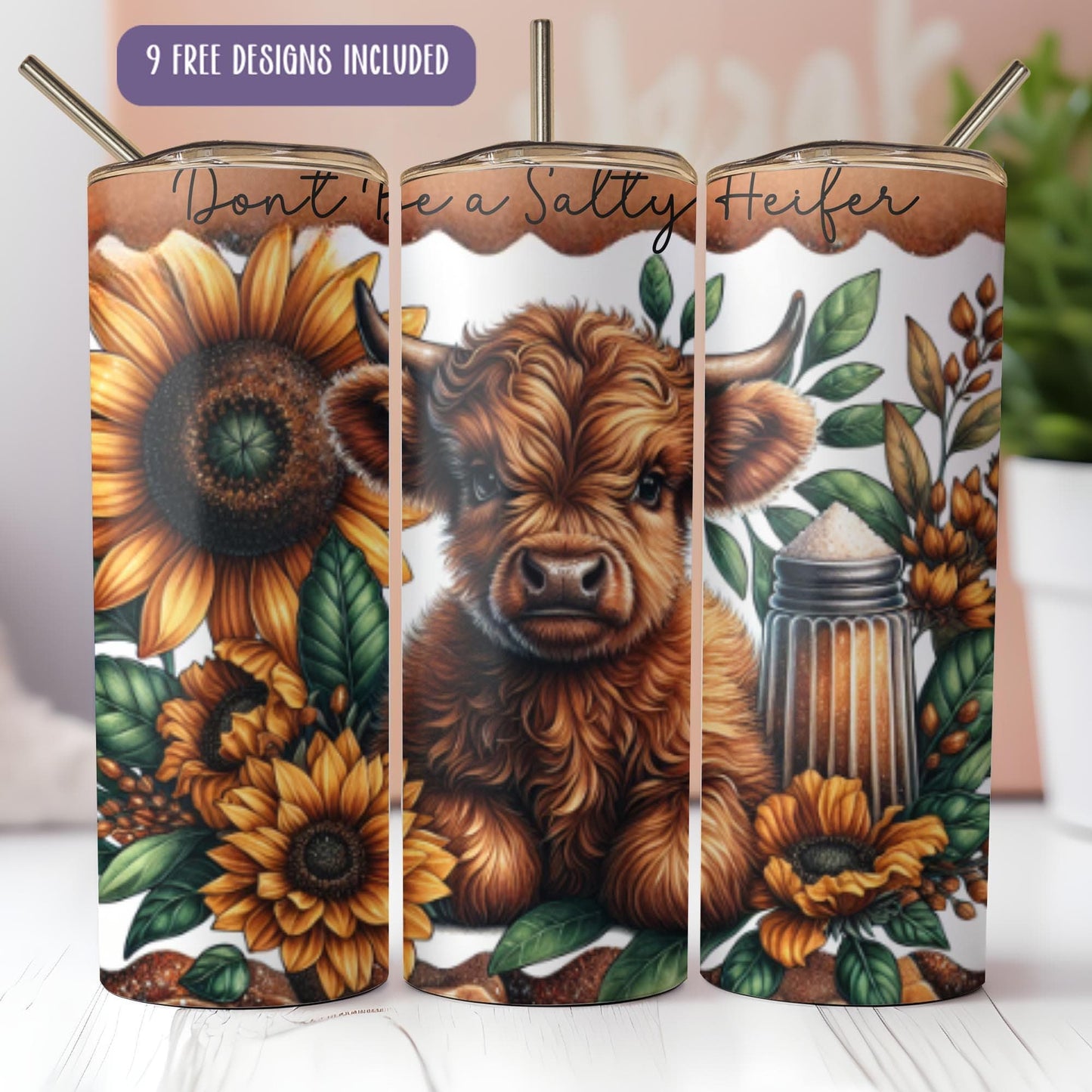 a set of three coffee mugs with a picture of a cow and sunflower