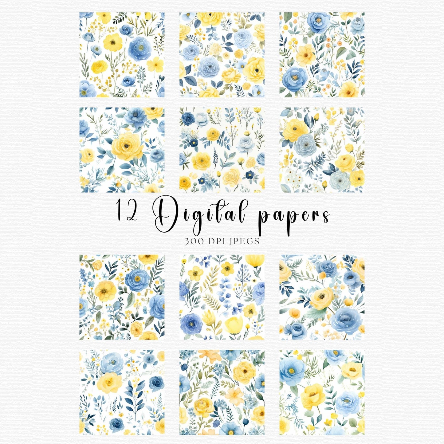 Dusty Blue Floral and Lemon Digital Papers