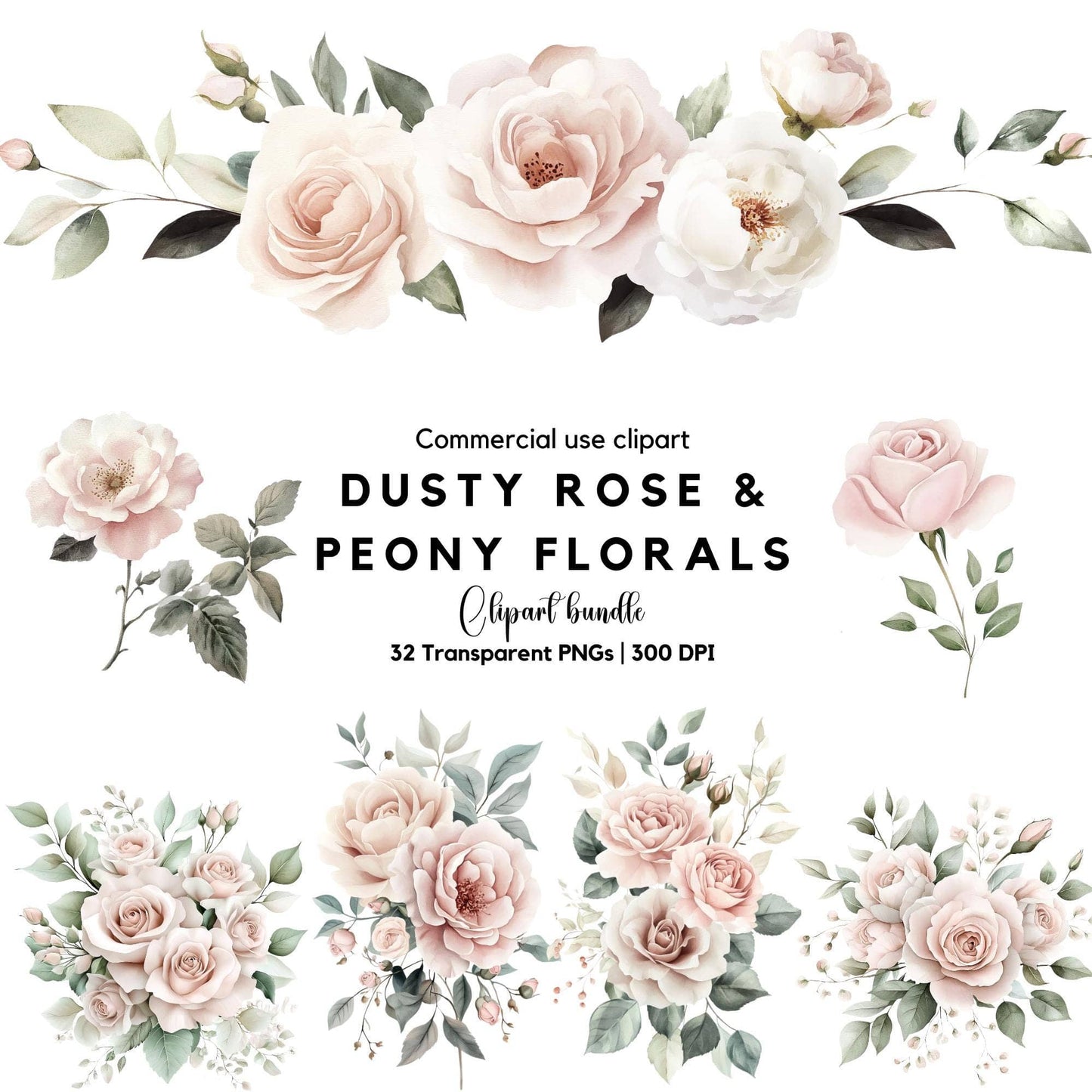 Dusty Pink Rose and Peony Clipart