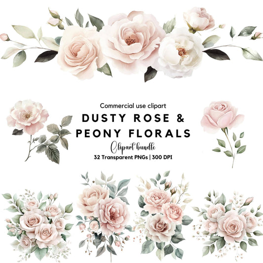 Dusty Pink Rose and Peony Clipart