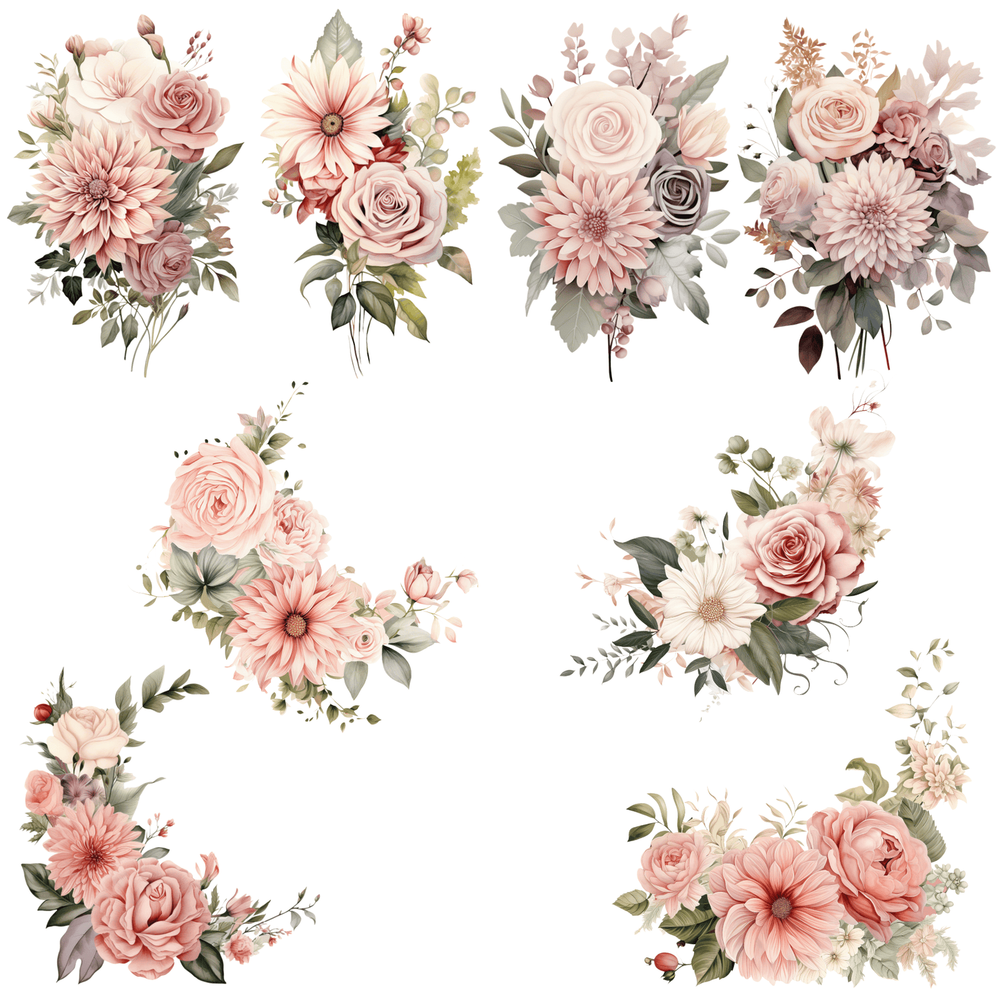 Dusty Rose and Sage Watercolor Clipart PNG