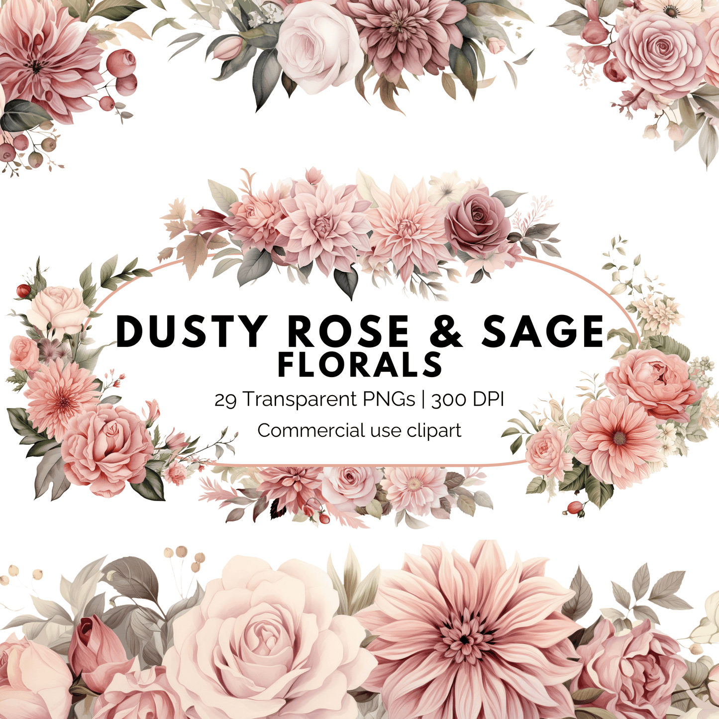 Dusty Rose and Sage Watercolor Clipart PNG