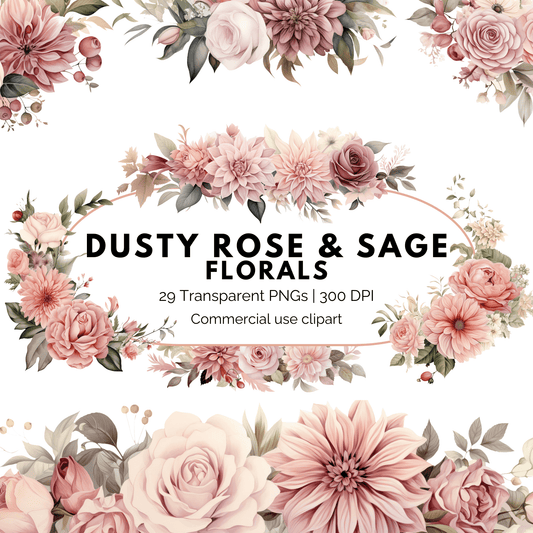 Dusty Rose and Sage Watercolor Clipart PNG