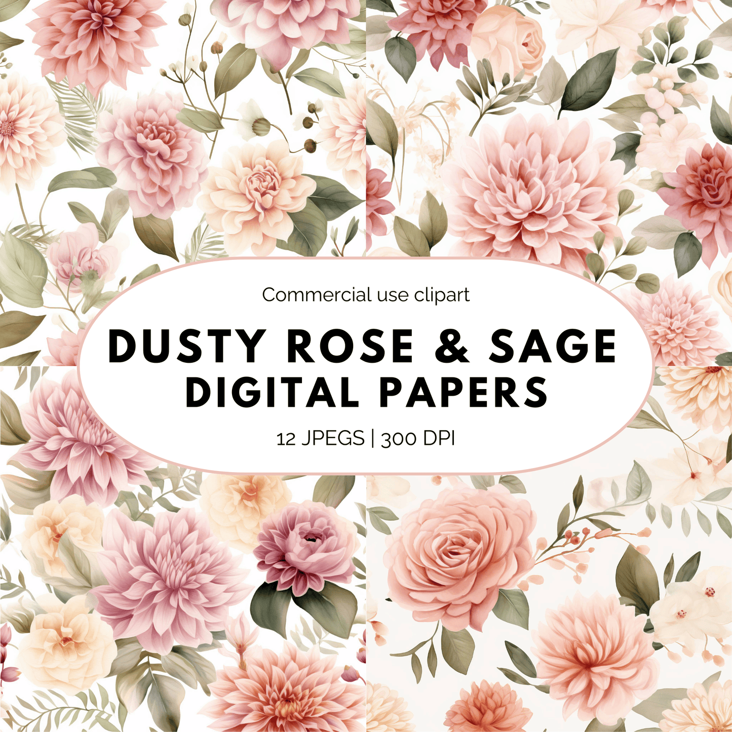 Dusty Rose and Sage Watercolor Digital Papers