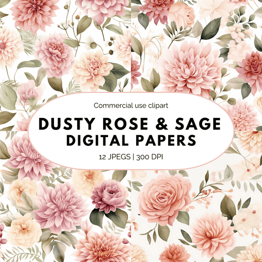Dusty Rose and Sage Watercolor Digital Papers