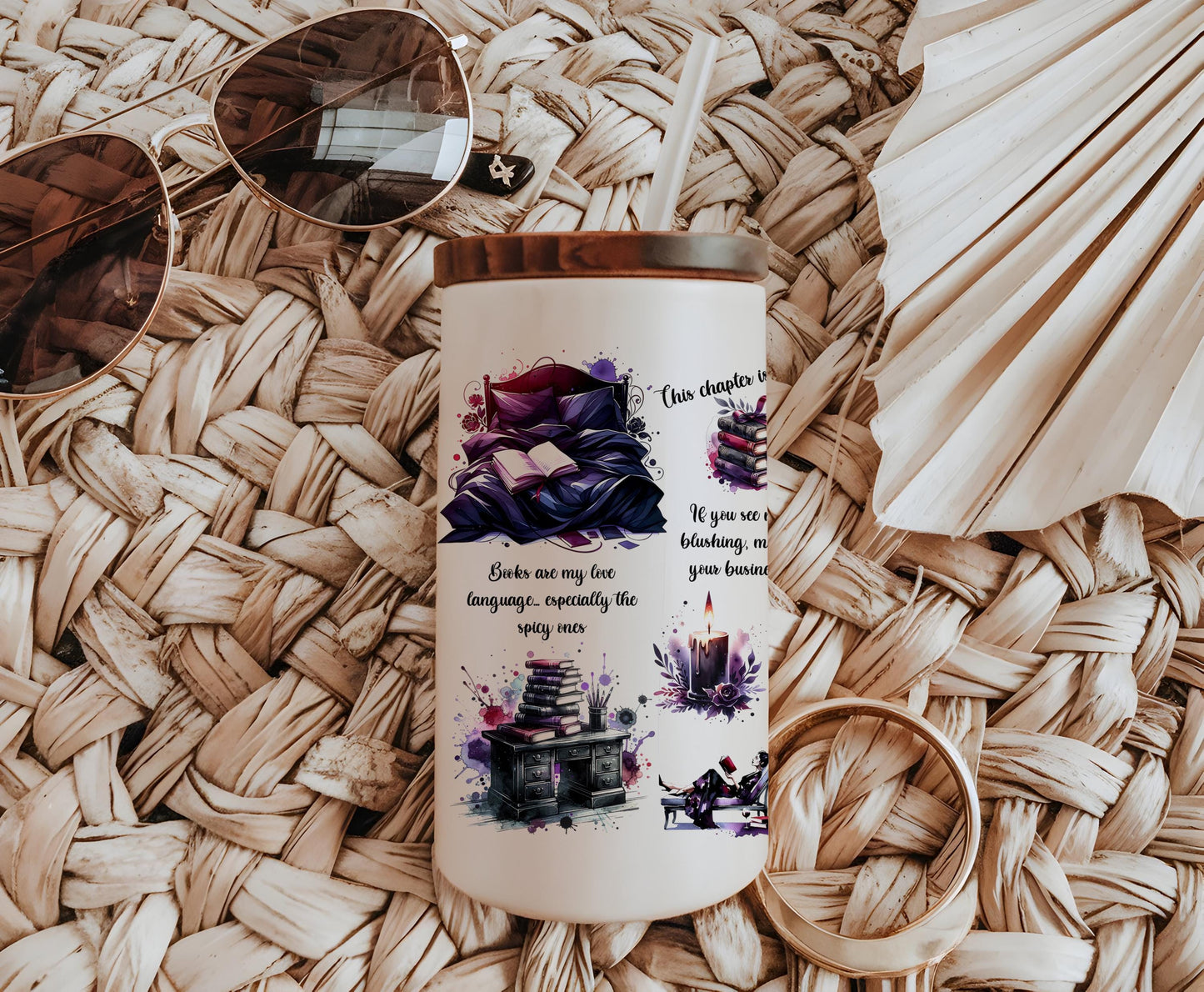 a coffee cup with sunglasses on a woven mat