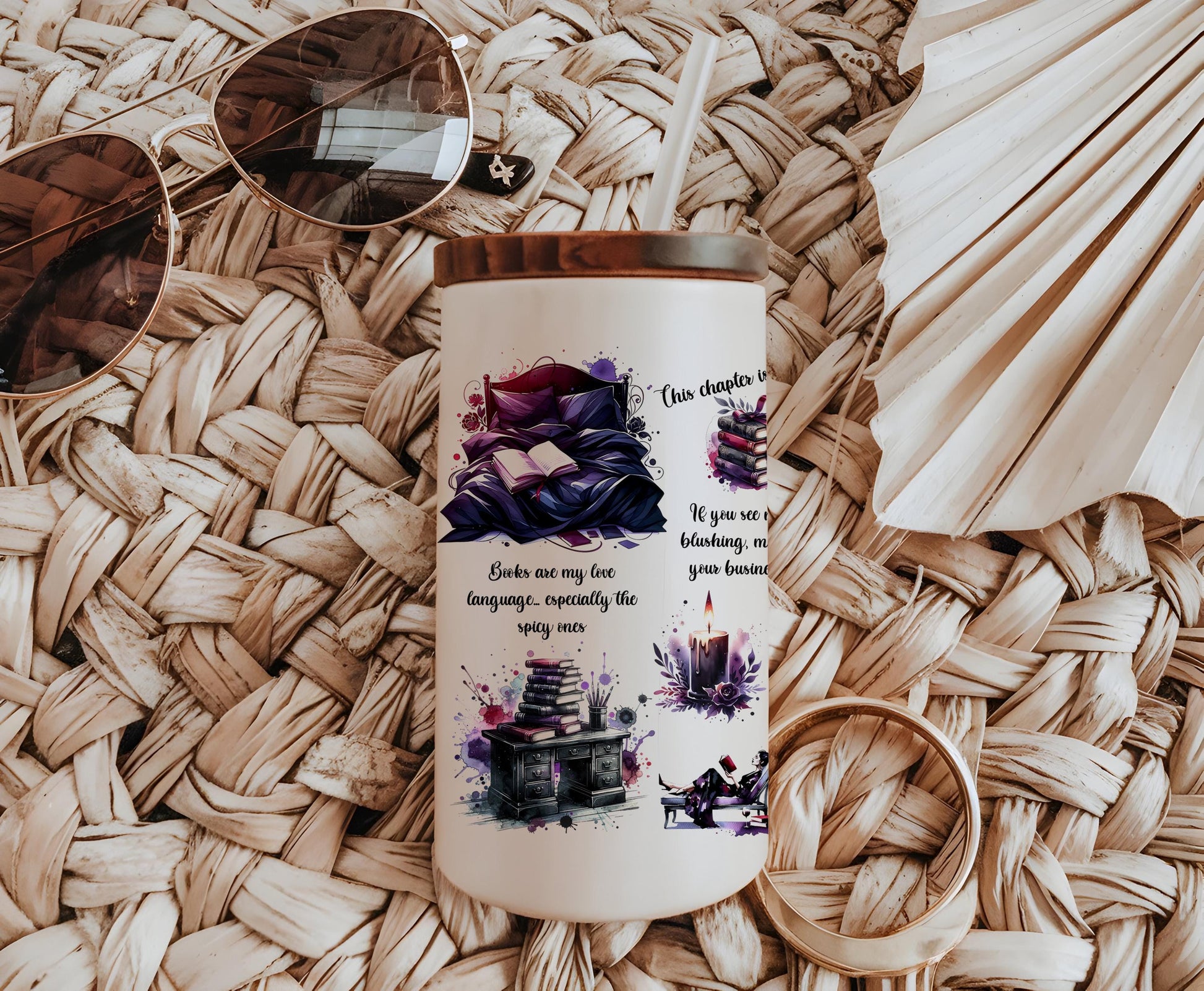 a coffee cup with sunglasses on a woven mat