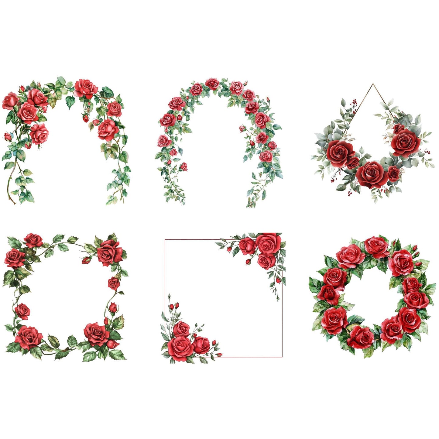 Clipart de marco floral de rosa roja en acuarela