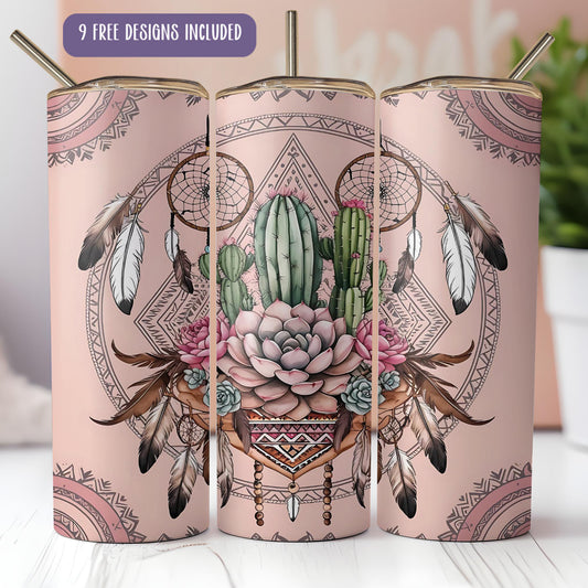 a pink coffee cup with a cactus and feathers on it