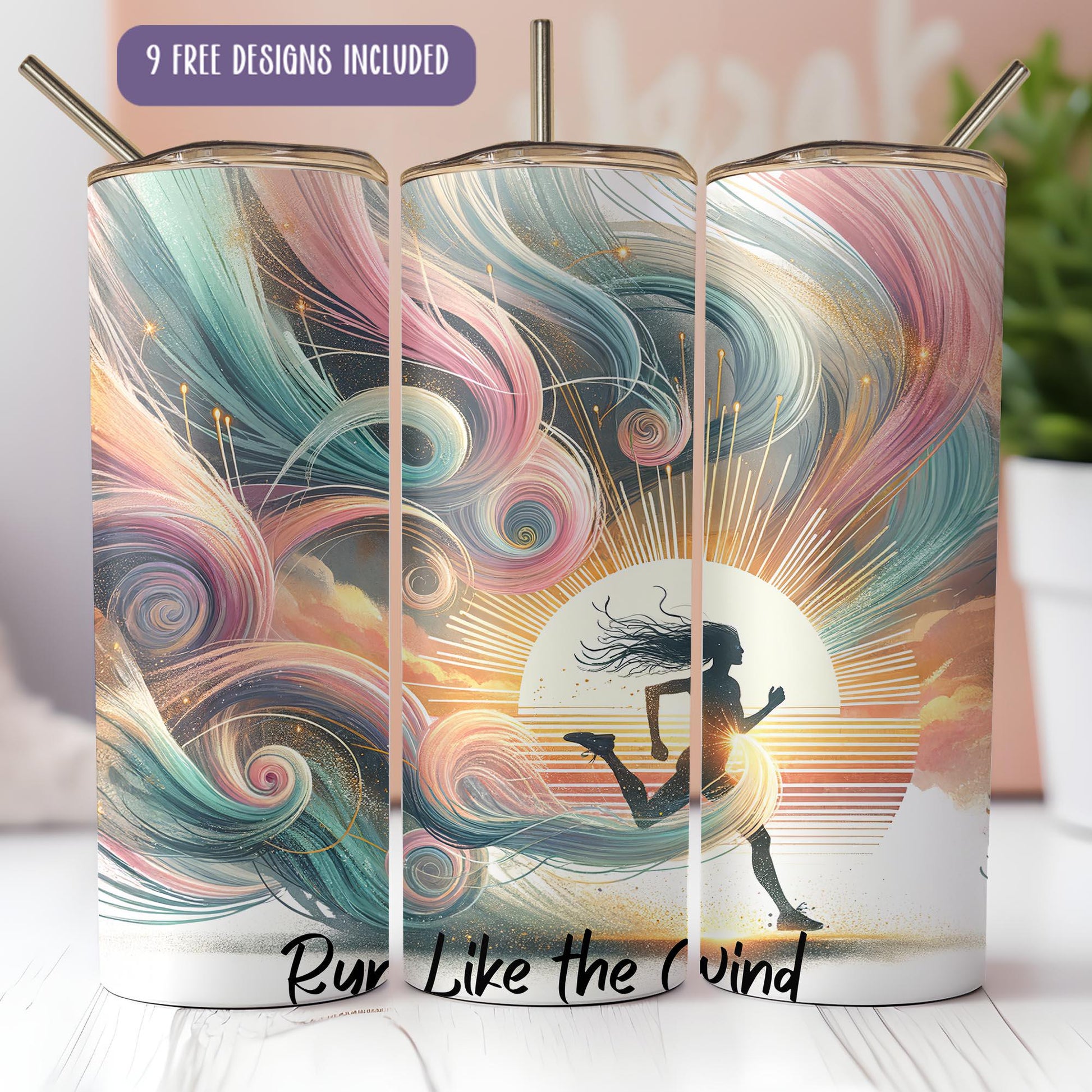 a set of three travel mugs with a woman running