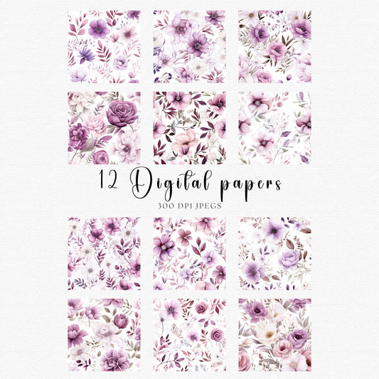 Papeles digitales florales de acuarela malva