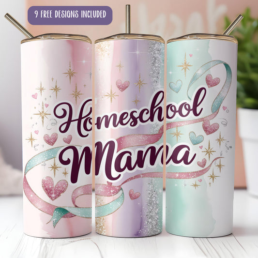 three personalized tumbles with the words homeschool mama on them