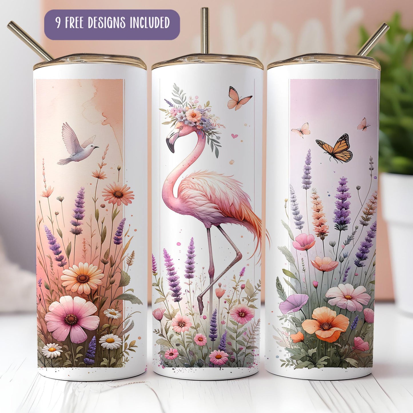 a group of three pink flamingos standing next to each other