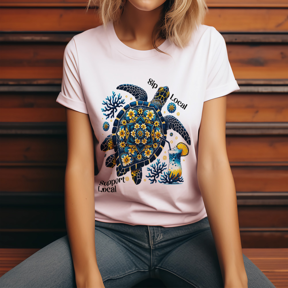 a woman wearing a t - shirt with a turtle on it