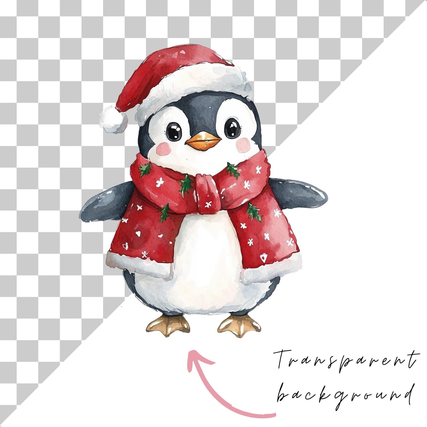 Clipart de pingüino navideño en acuarela