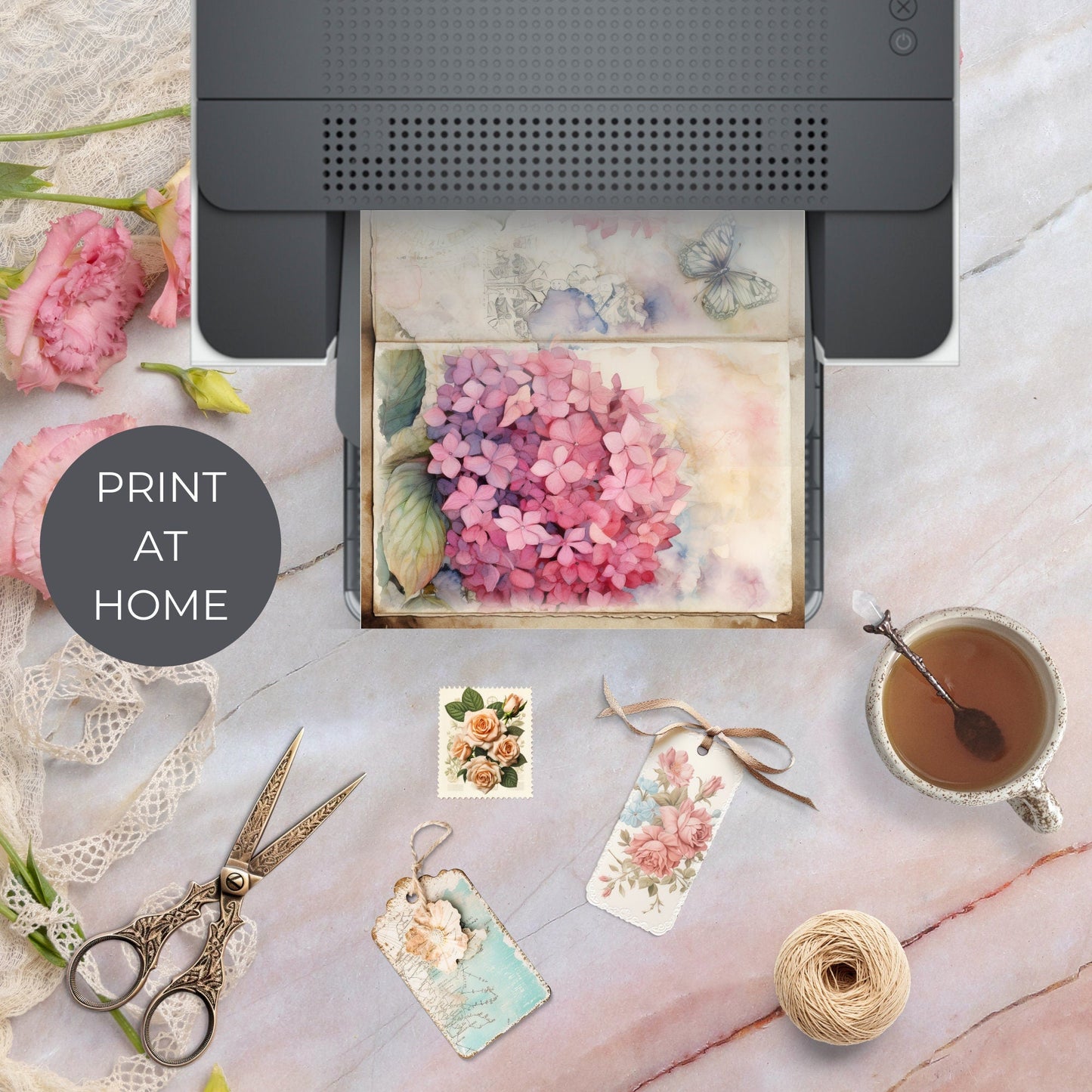 Pink Hydrangea Floral Junk Journal Pages