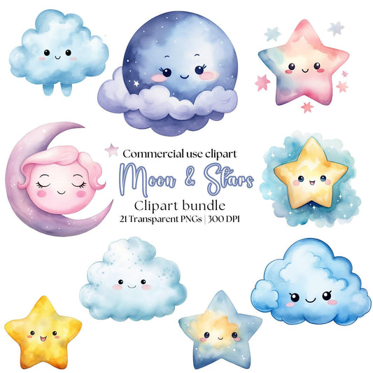 Watercolor Moon Star and Clouds Clipart