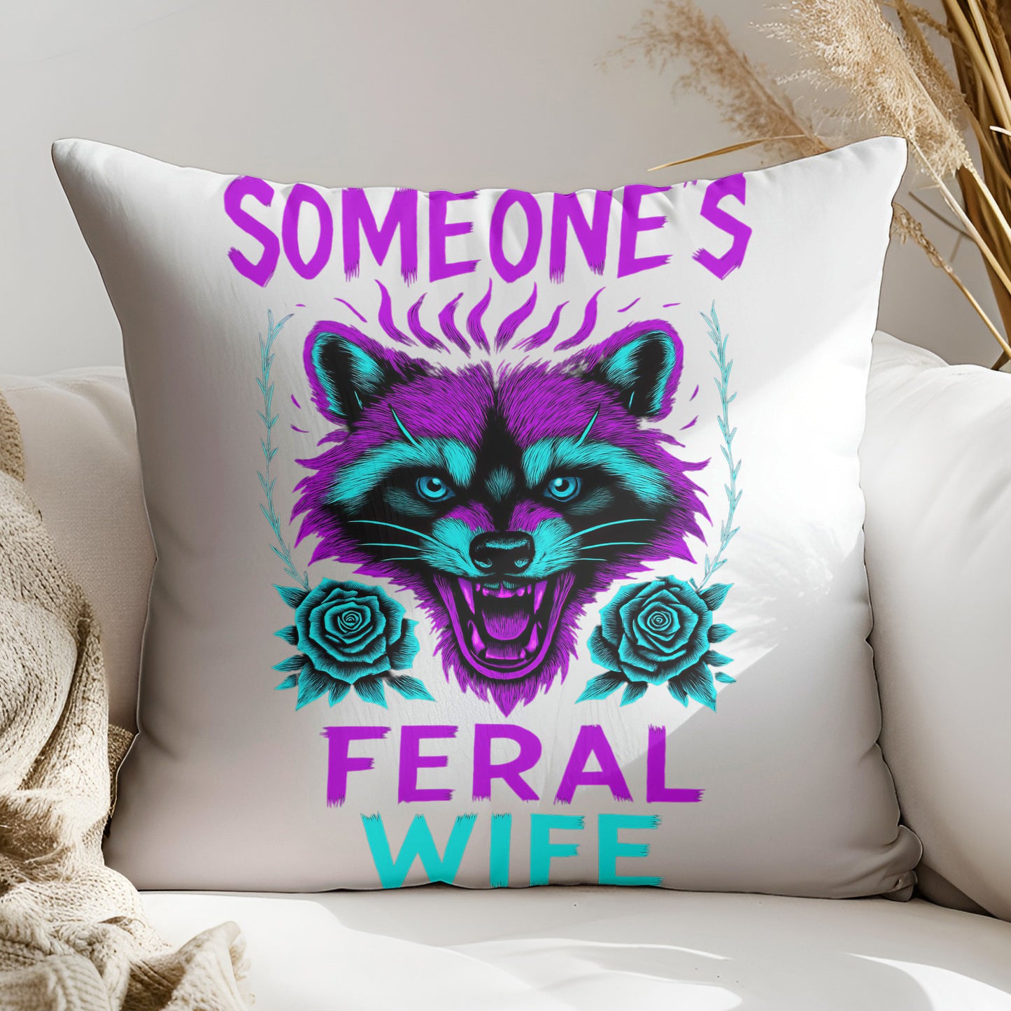 a pillow that has a raccoon on it