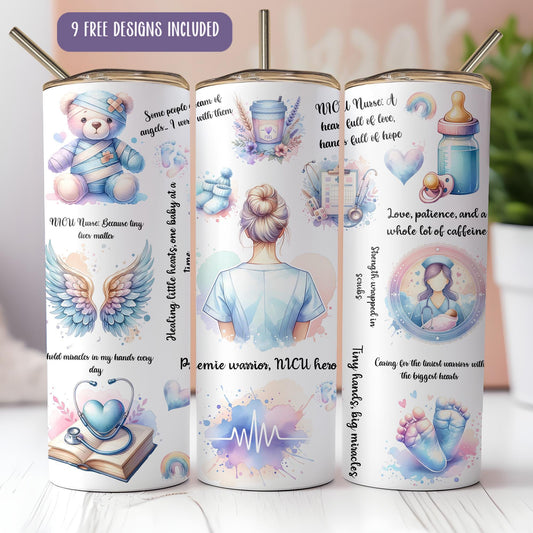 a set of three travel mugs with different designs on them