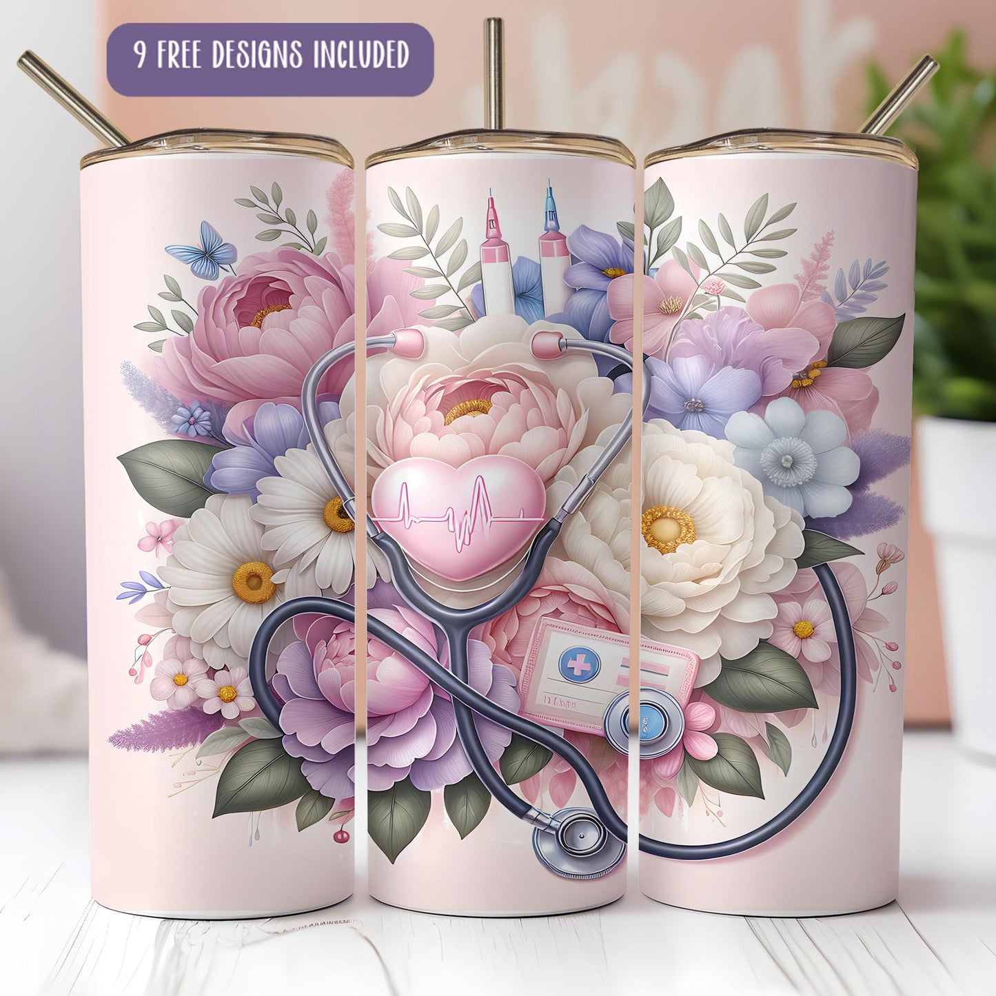 a pink coffee mug with a stethoscope and flowers on it