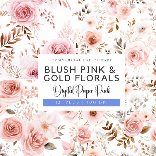 Papeles digitales florales en tonos rosa ruborizado y oro rosa
