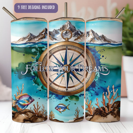 a set of three travel mugs with a picture of a compass