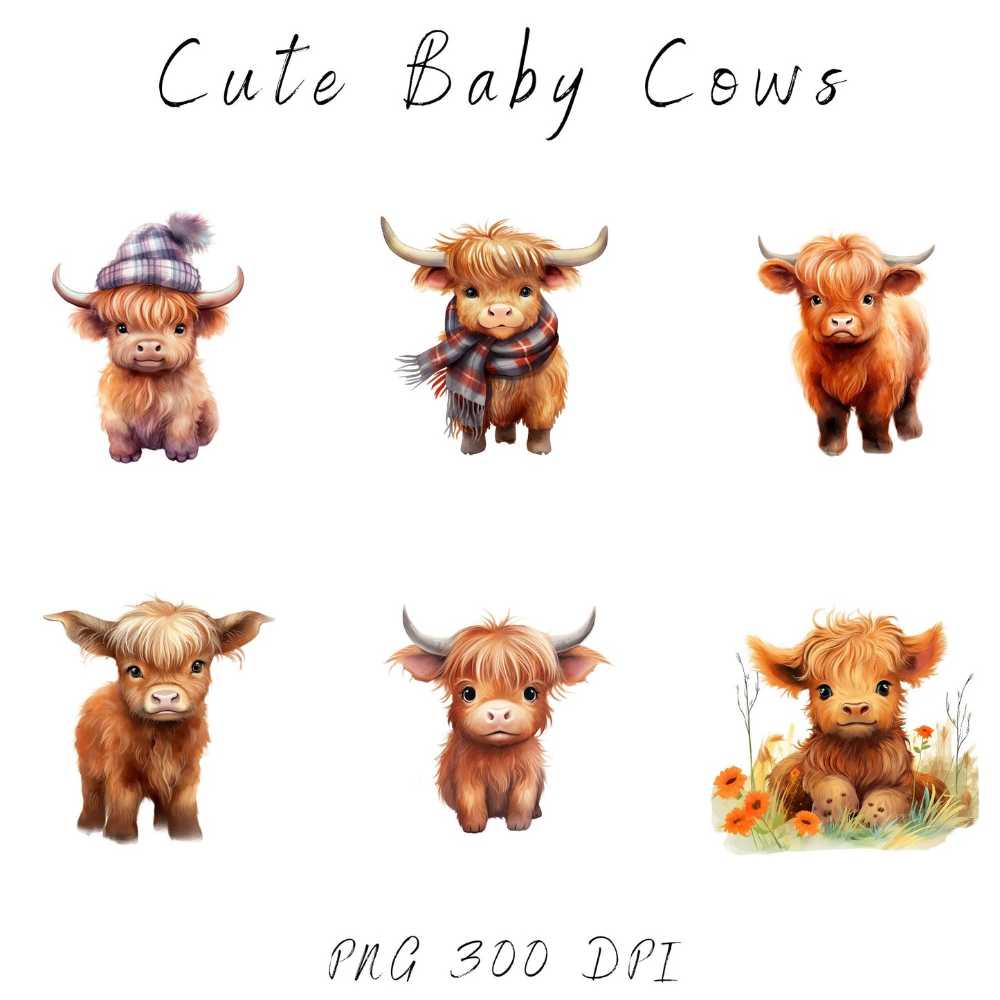Watercolor Baby Highland Cow Clipart