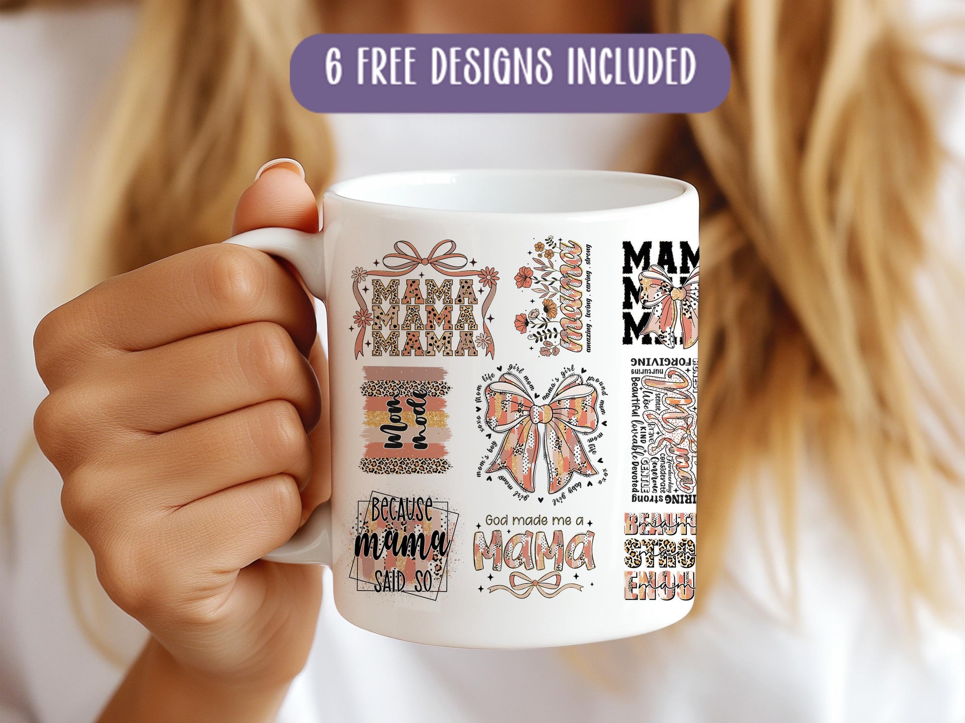 a woman holding a coffee mug with many designs on it