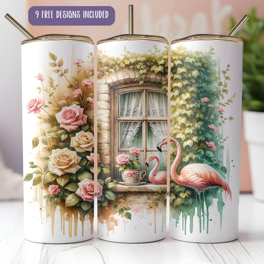 a set of three pink flamingos next to a window