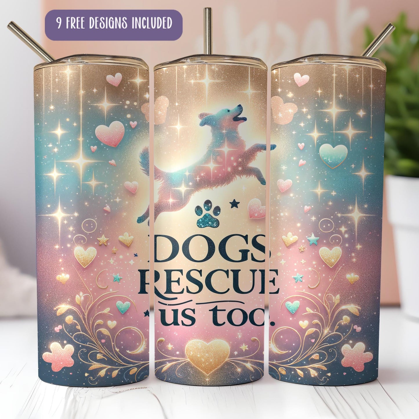 a pair of tumbles with a dog's rescue design on them