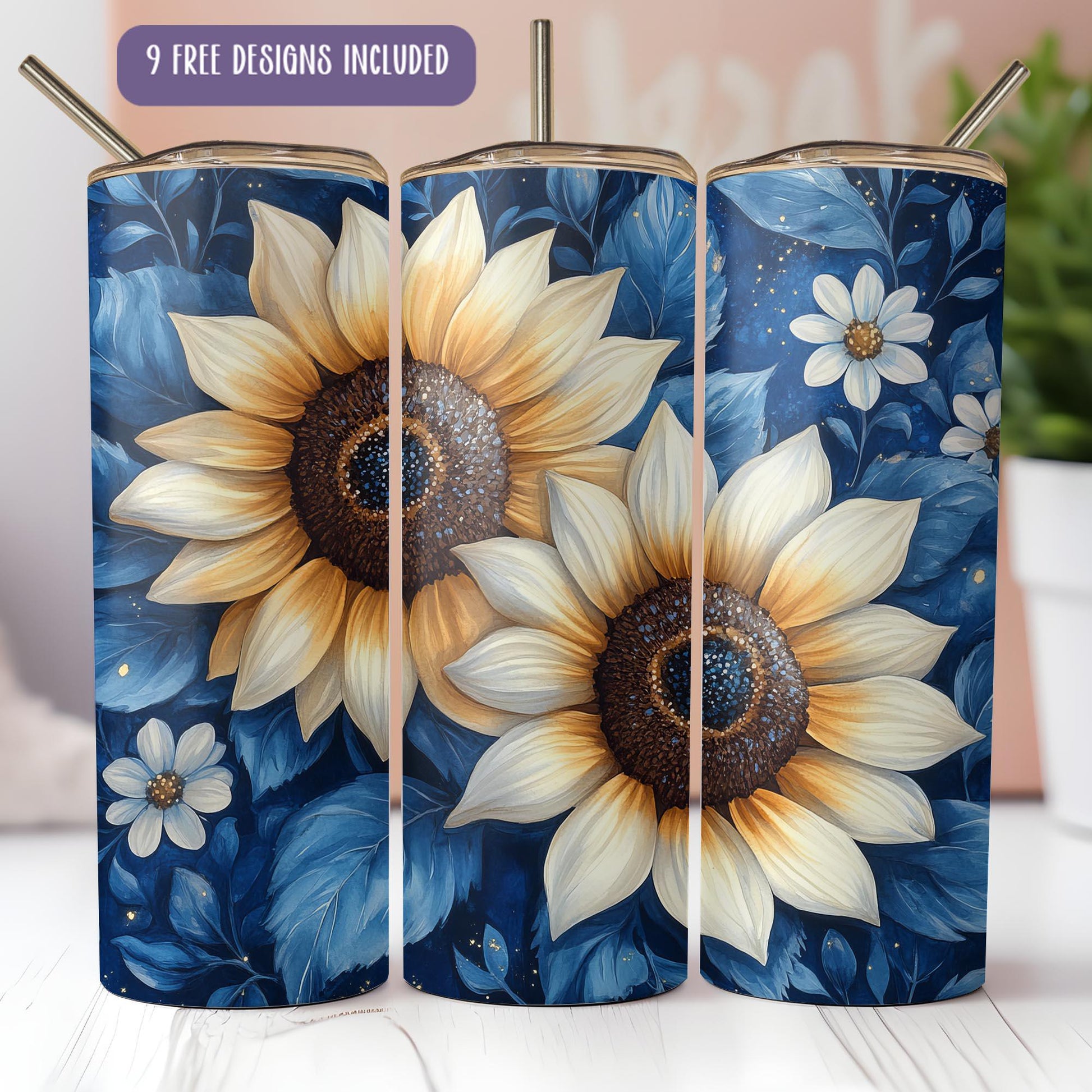 three sunflowers painted on a blue and white background