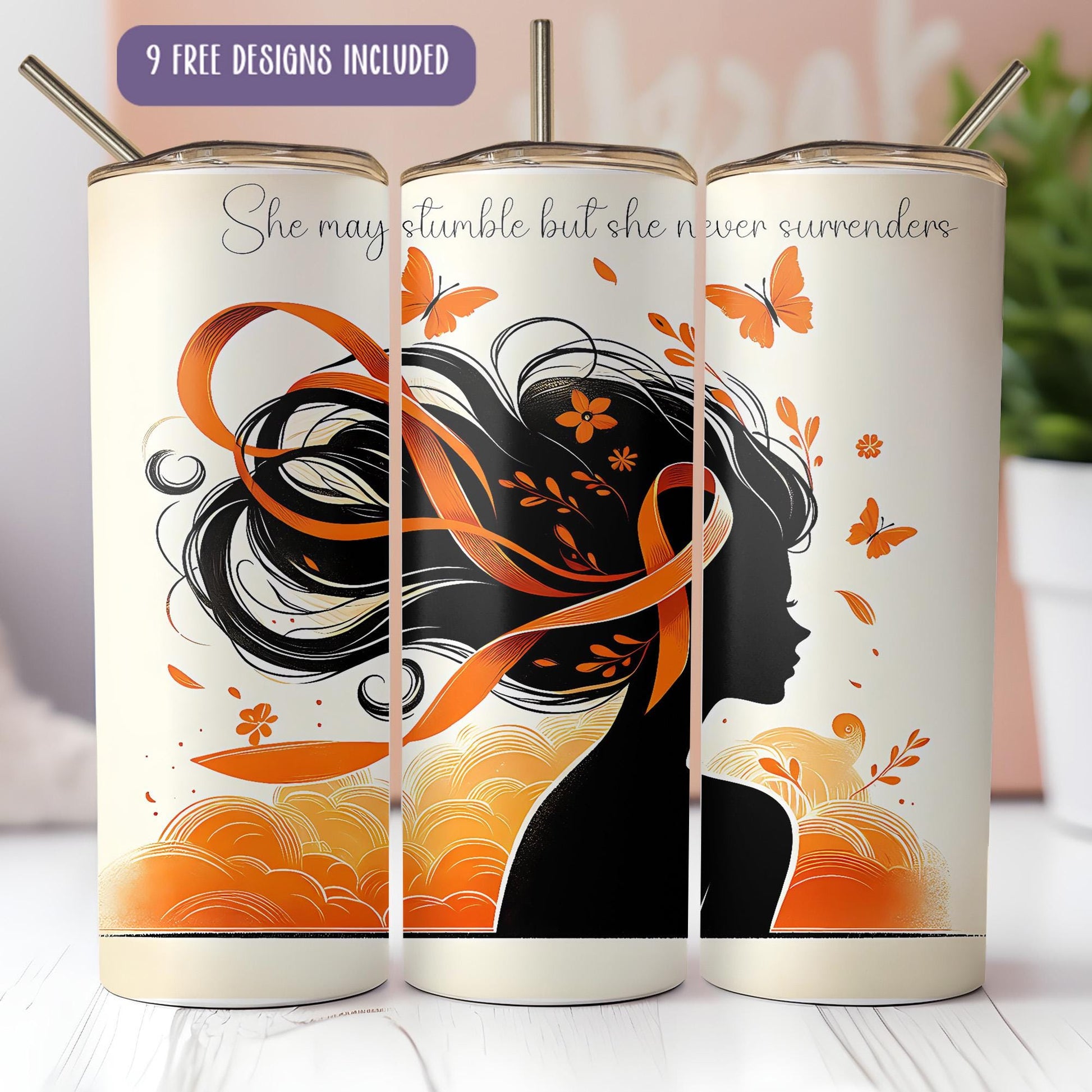 a set of three travel mugs with a woman&#39;s face on them