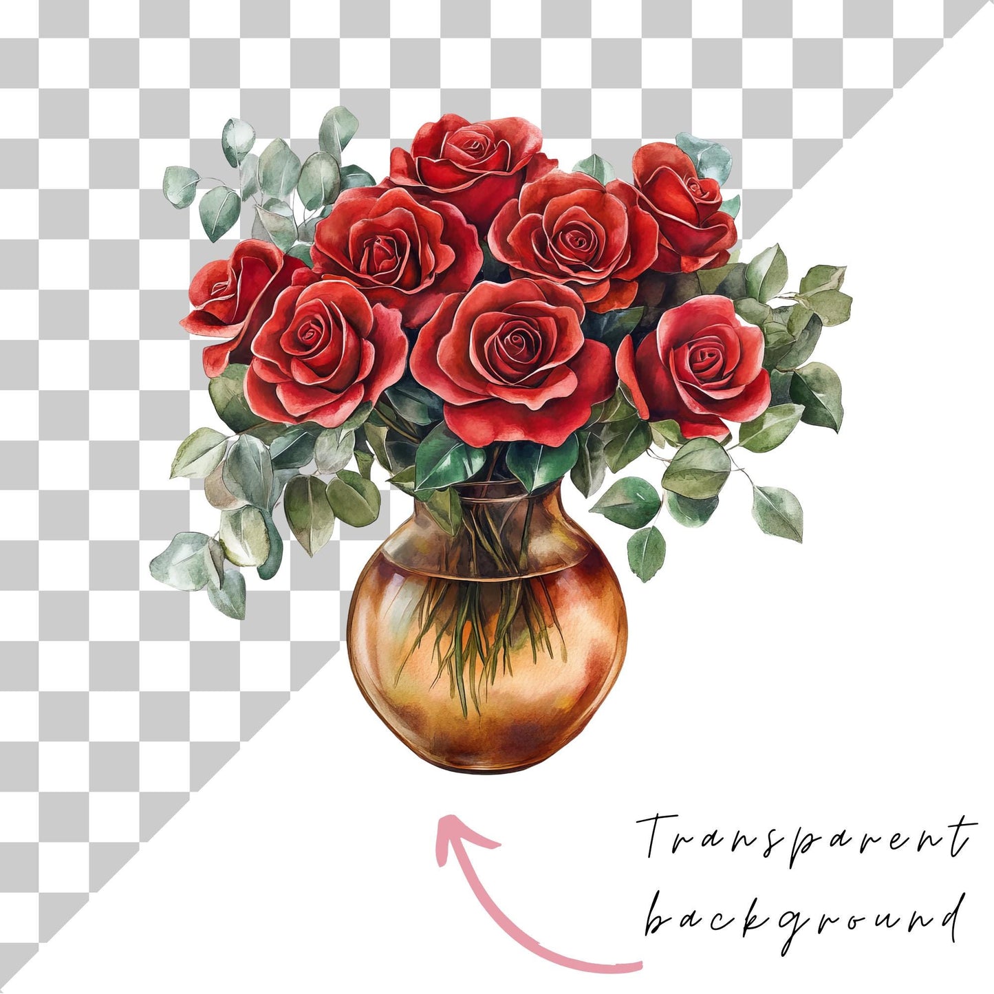 Watercolor Red Rose Vase Clipart