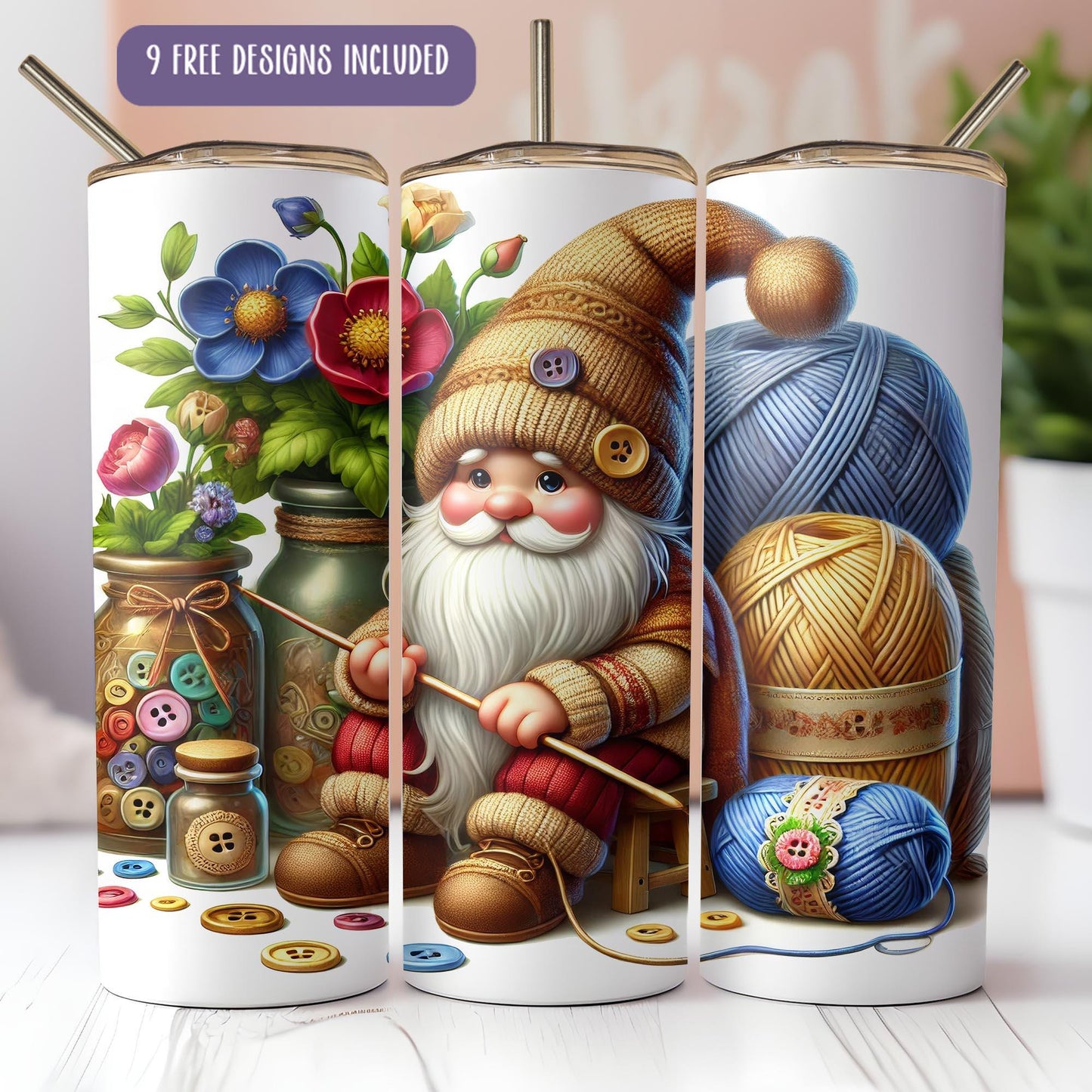 a set of three coffee mugs with a painting of a gnome
