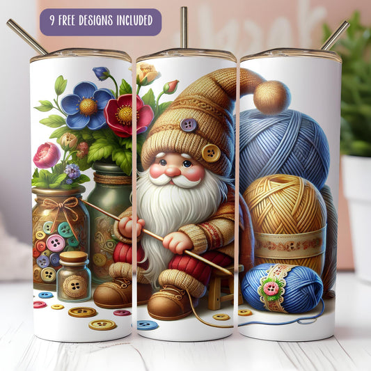 a set of three coffee mugs with a painting of a gnome
