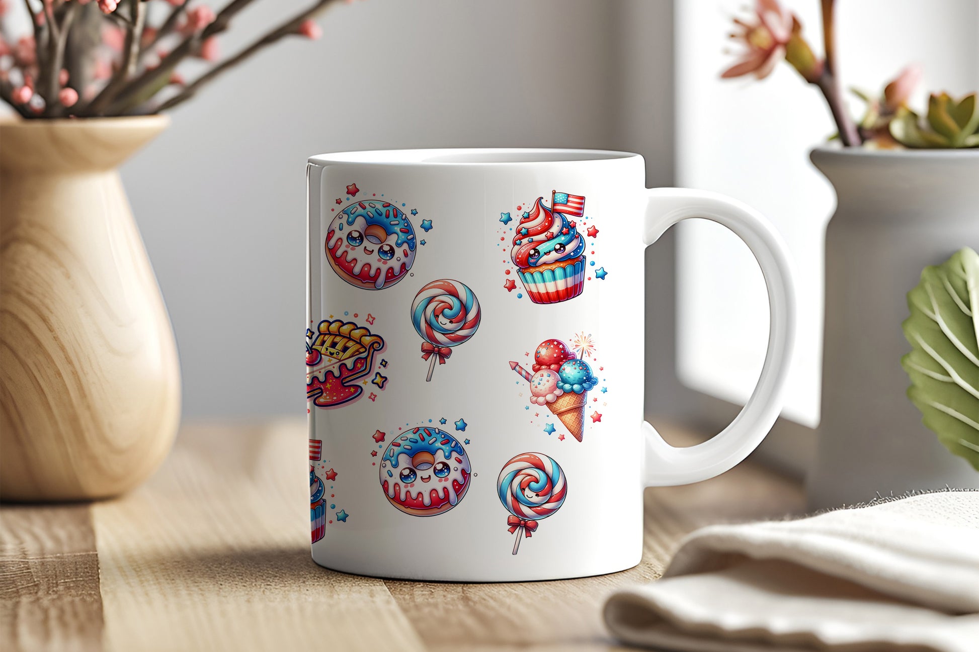 a white coffee mug sitting on top of a wooden table