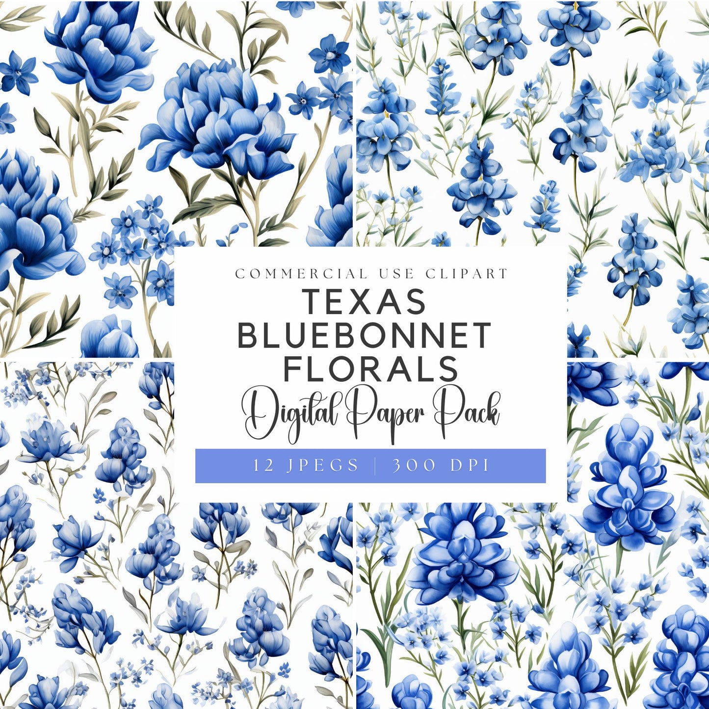 Papeles digitales florales de Texas Bluebonnet en acuarela