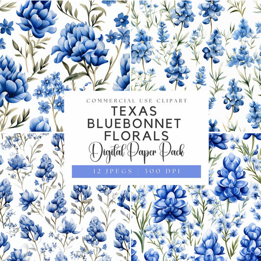 Papeles digitales florales de Texas Bluebonnet en acuarela