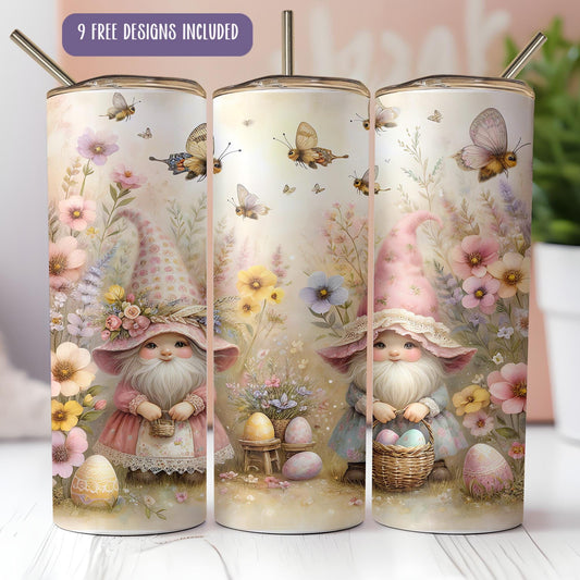 a set of three travel mugs with a picture of two gnomes