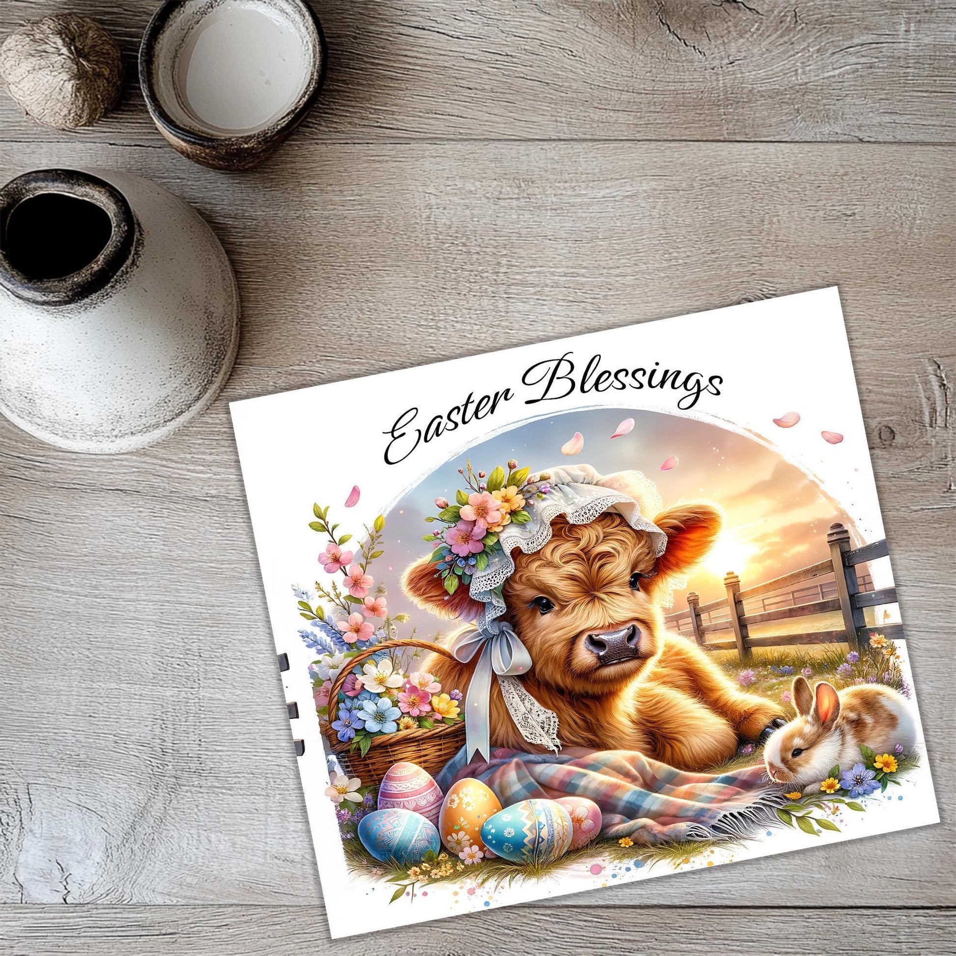 a card with a picture of a cow and eggs
