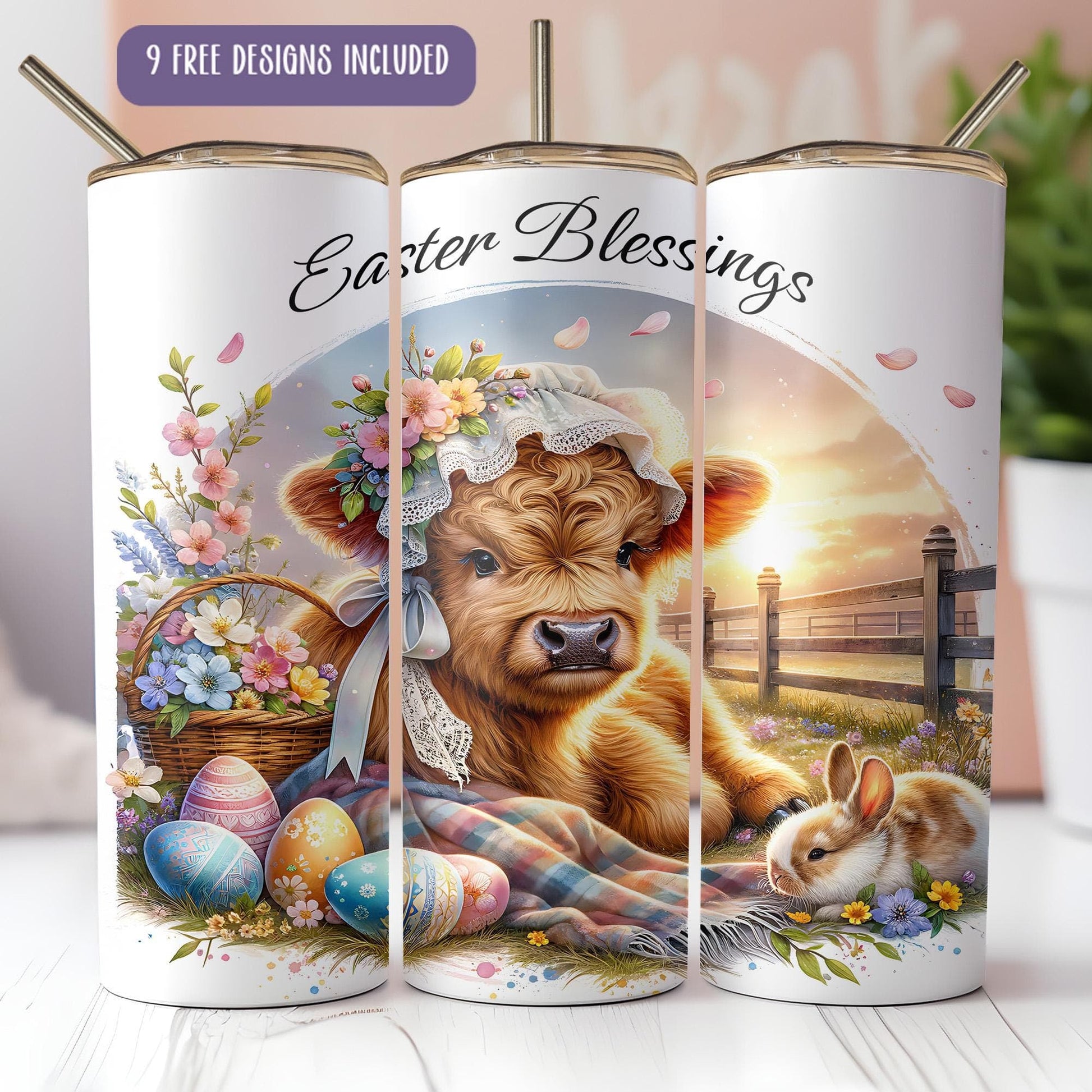 a set of three coffee mugs with a picture of a cow and a bunny